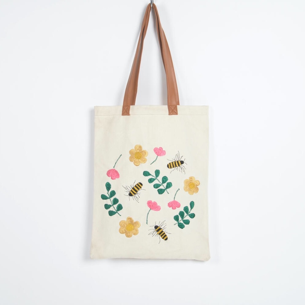 Blooms & bees hand embroidered cotton tote bag